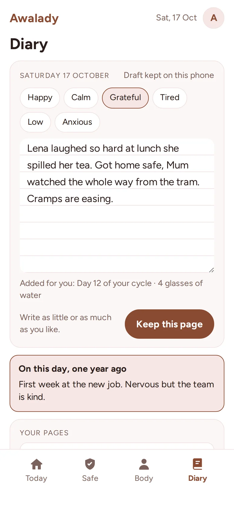 Awalady diary screen: a mood, a written page, and a memory from one year ago